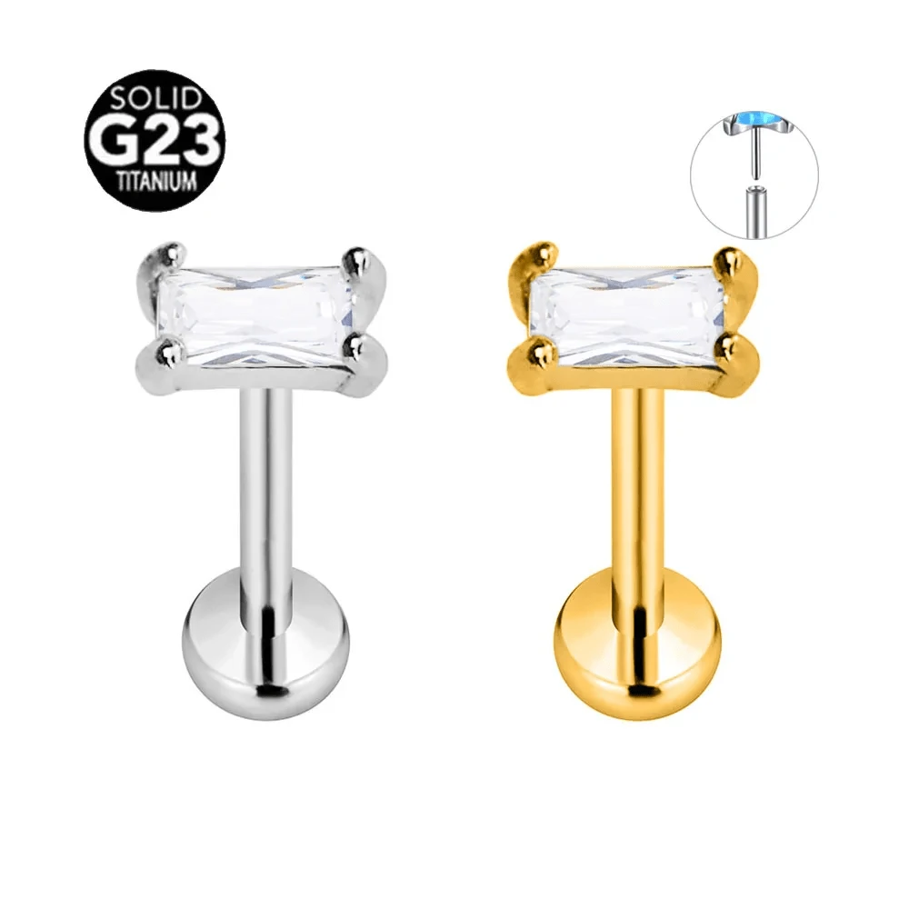Aretes planos de aleación de titanio F136, varillas insertadas de acero inoxidable 316, cabeza decorativa con diamante cuadrado para labios, aretes de hueso coclear, acero de titanio