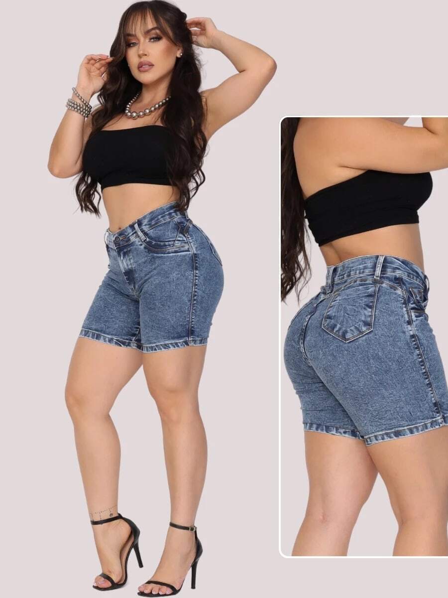 Short Jeans Feminino Meia Coxa Cintura Alta Bermuda Com elastano