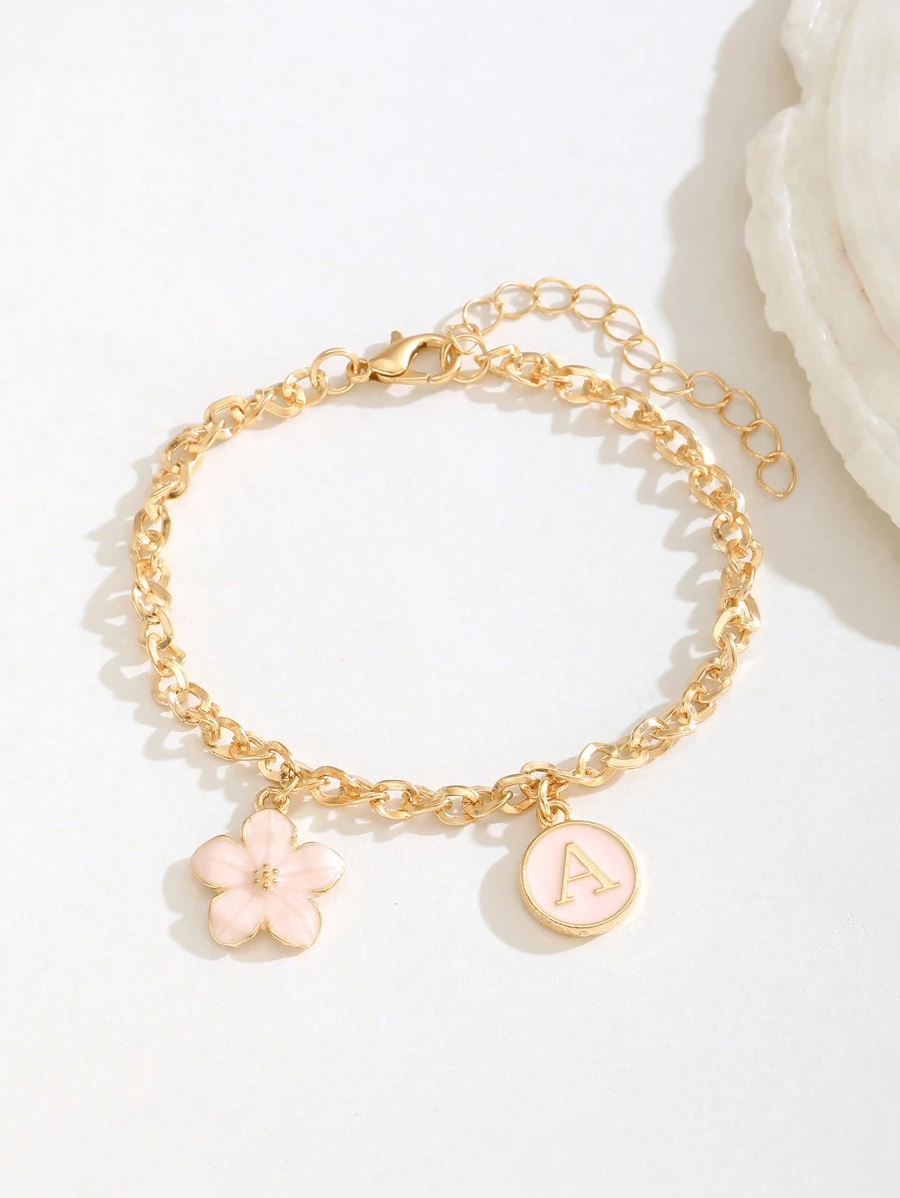 1pc Flower & Initial Letter Pink Charm Bracelet Suitable For Women Sweet Stylish Summer Jewelry For Ms. Birthday Gift