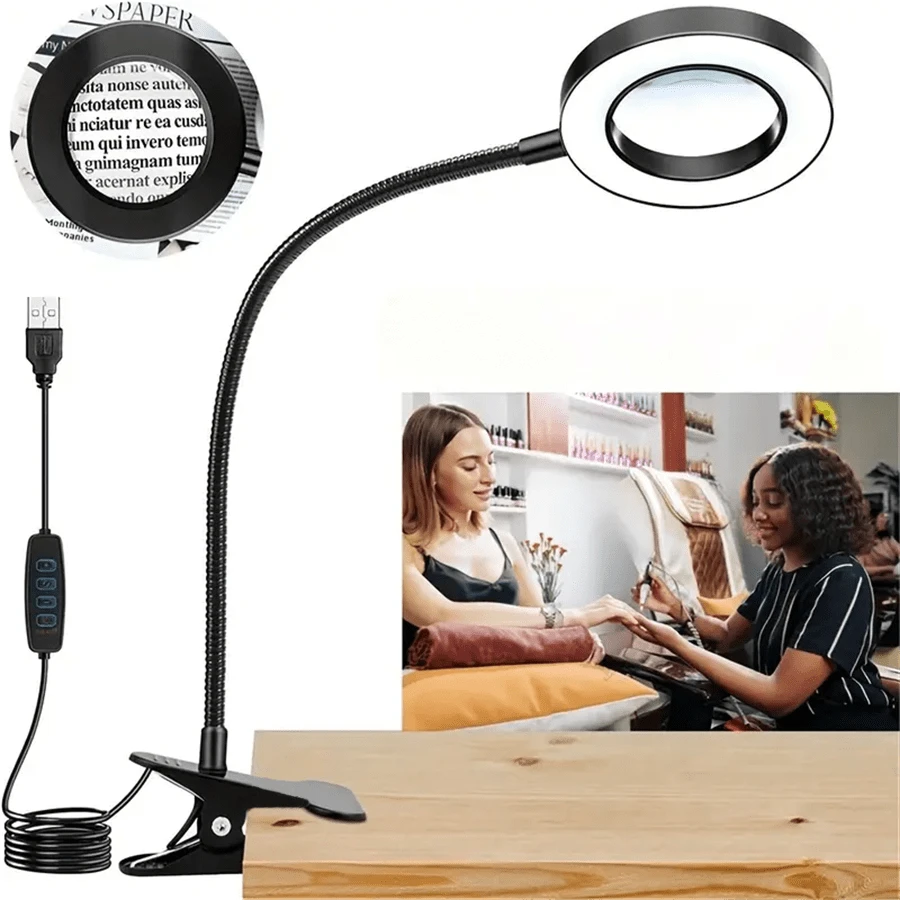 1 pièce Lampe de bureau loupe x5, lumière de lecture LED à 3 couleurs réglables, alimentation USB, design flexible de cou de cygne à 360°, convient pour la lecture, le bureau, la sculpture manuelle et autres loupes, lampes de bureau, lumières de travail en broderie et de beauté, lampe de chevet à clip avec protection des yeux