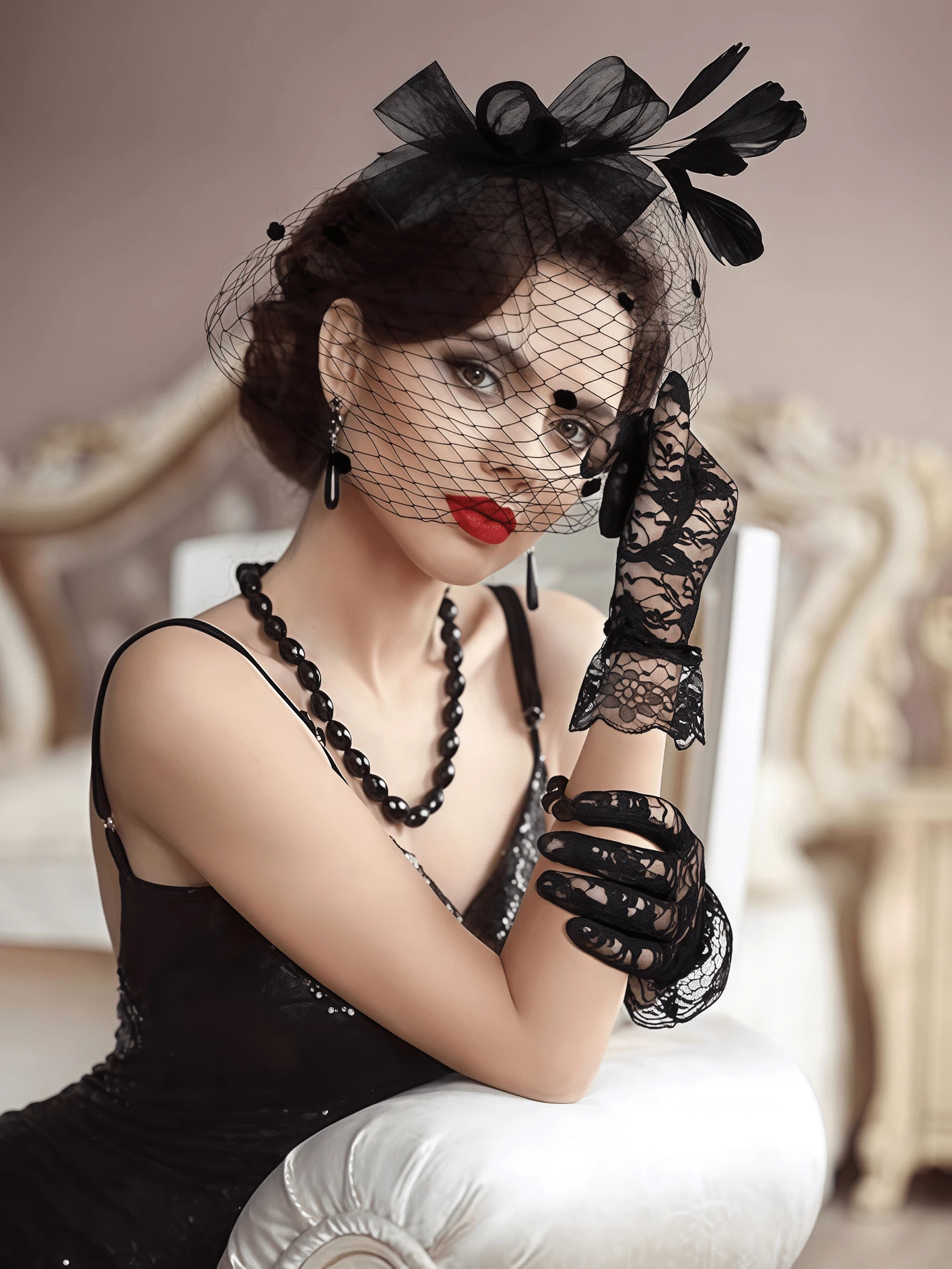 Fascinator Hut für Frauen, Pillbox Hut mit schwarzem Schleier für Trauerfeiern, Teepartys und Spitzenhandschuhe im 50er Jahre Stil