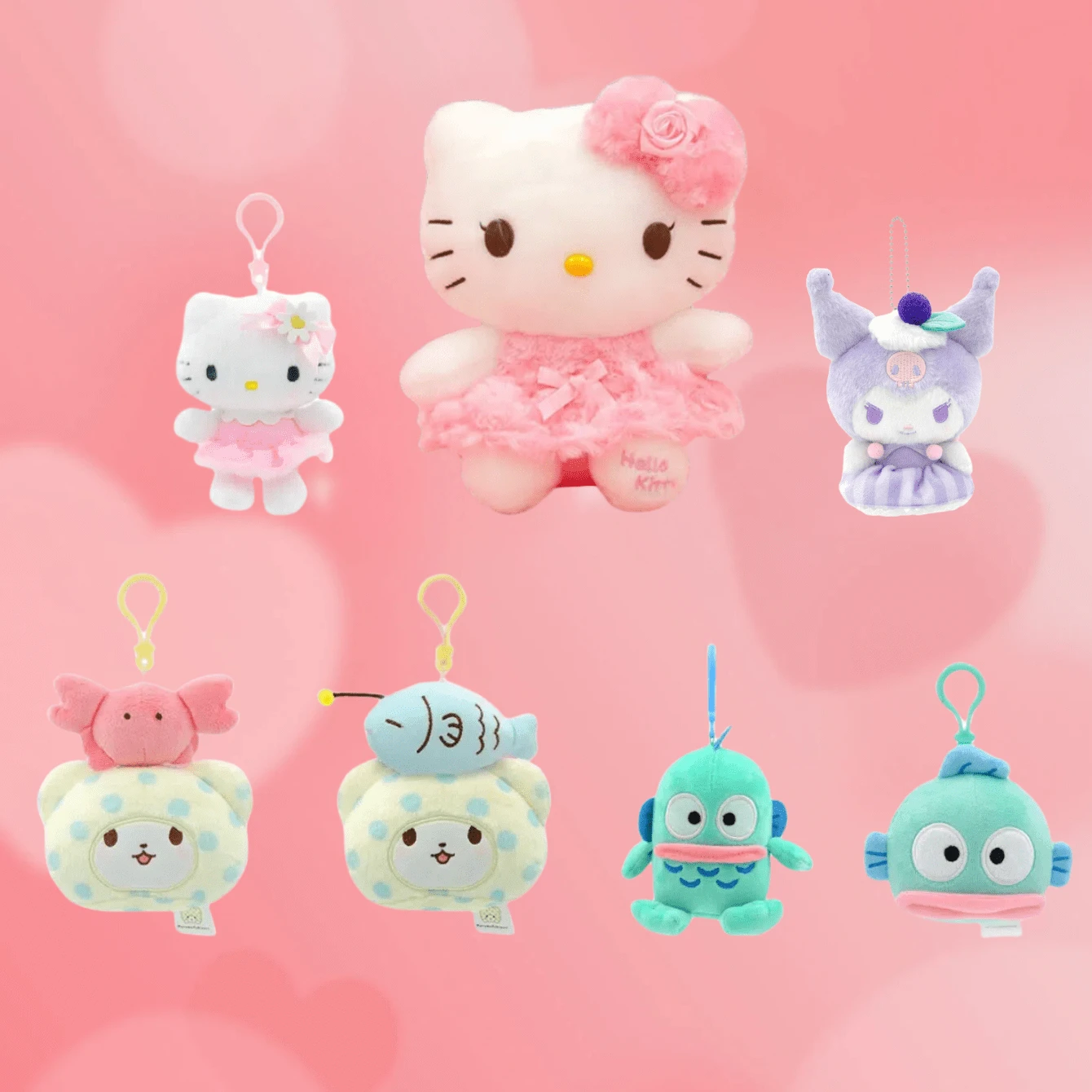 Sanrio Authentic Sanrio Characters Doll(Kitty 50th Anniversary Edition), Keychain Kitty, Kuromi,Marumofubiyori, Hangyodon,Cute Labu Anime Plush Charm, Easter,Mother's Day And Other Holiday Gifts,Bag & Backpack Car Key Ring For Women,Sanrio Peripherals