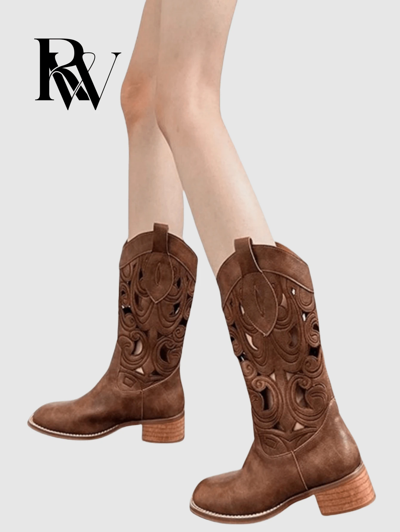 Retro Brown Western Cowboy Boots, Women Spring Autumn 2025 New V-Cut Hollow Mid-Calf Rider Boots, Vintage Style
