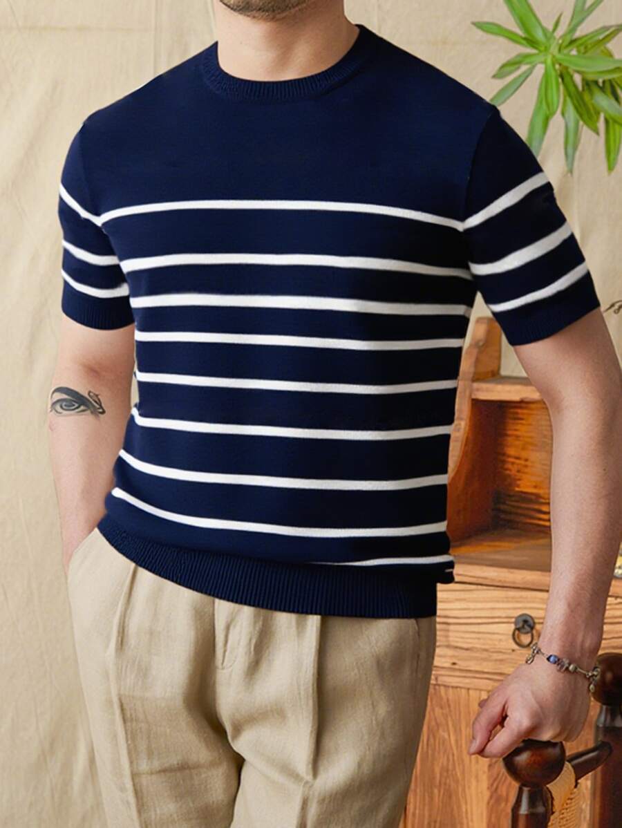Men's Round Neck Striped Knitted Short Sleeve T-Shirt, Casual For Outdoor, Commuting & Leisure