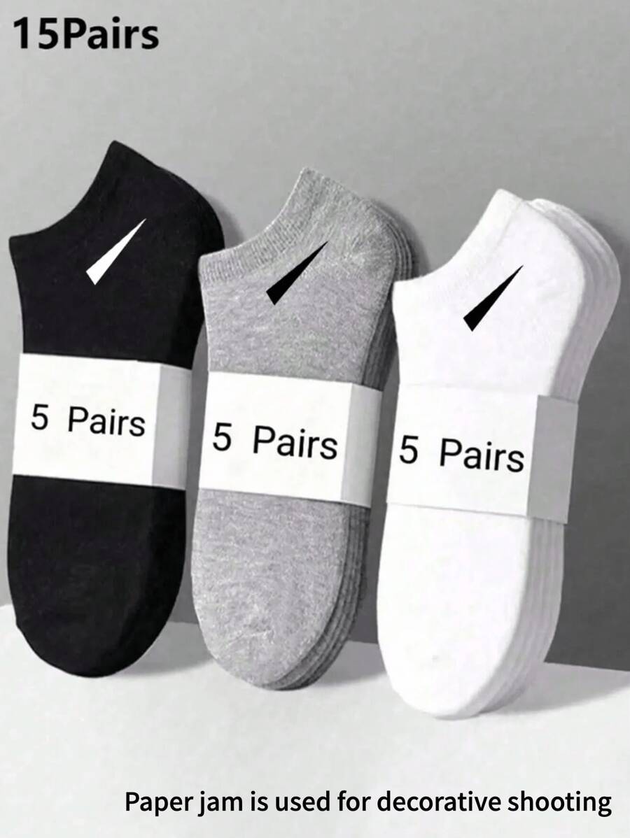 15 pares de calcetines unisex, calcetines deportivos, calcetines de moda, calcetines cortos blancos/negros/grises, estilo simple de unicolor, apropiados para uso casual diario