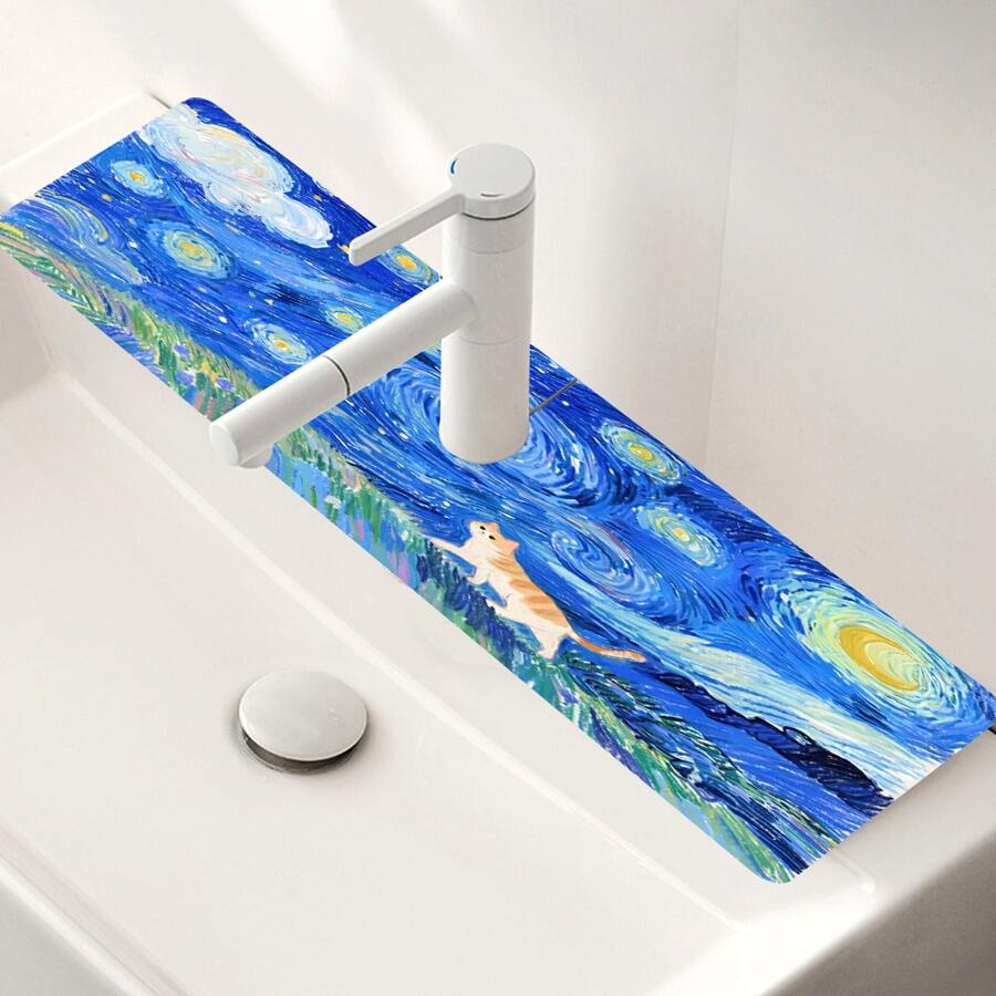 1pc Cute Cats Kitchen Sink Faucet Mat, Quick Drying Splash Guard,Absorbent Rubber,Durable Protector For Kitchen And Bathroom, Fits Faucets With Diameters Under 6cm, 14.96*5.5in,Aesthetics Design