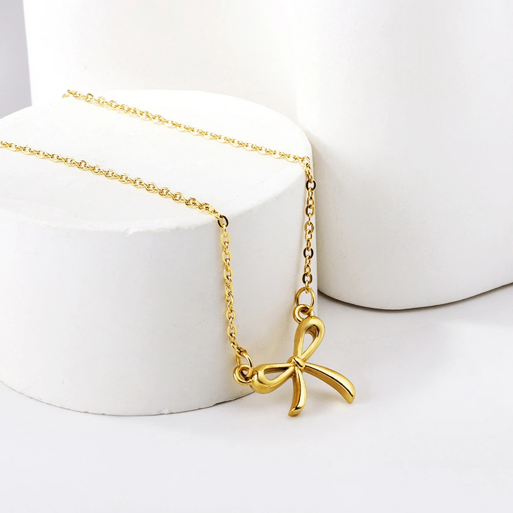 Stainless Steel Bowknot Lucky Necklace For Women Gold Color Korean Necklaces Female Aesthetic Choker Jewelry Daily Accessories