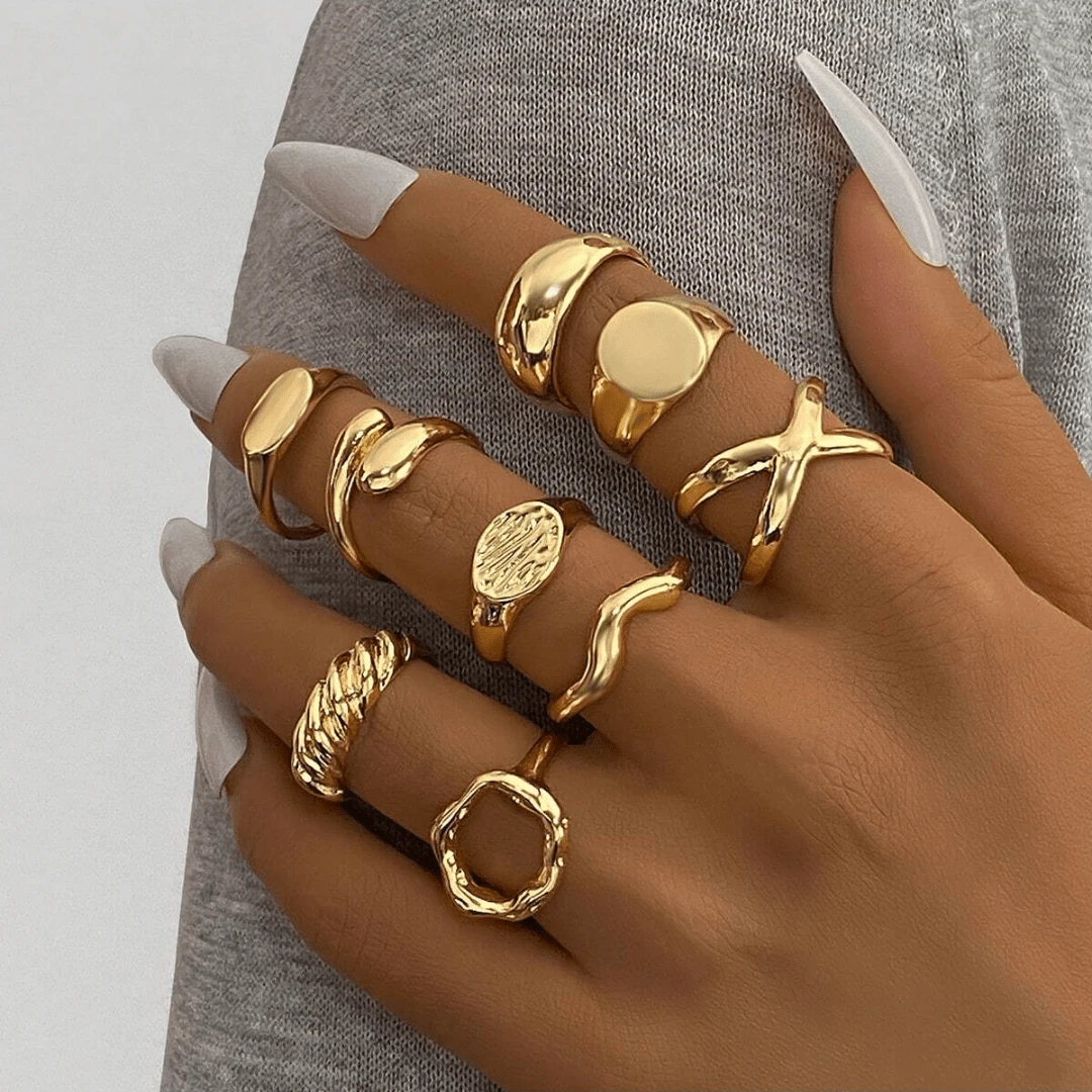 9 Stücke/Set geometrische Legierungs-Ringe, Handflächendruck Hohldekoration, minimalistische Fingerringe für Frauen, geeignet für den täglichen oder Urlaubsgebrauch
