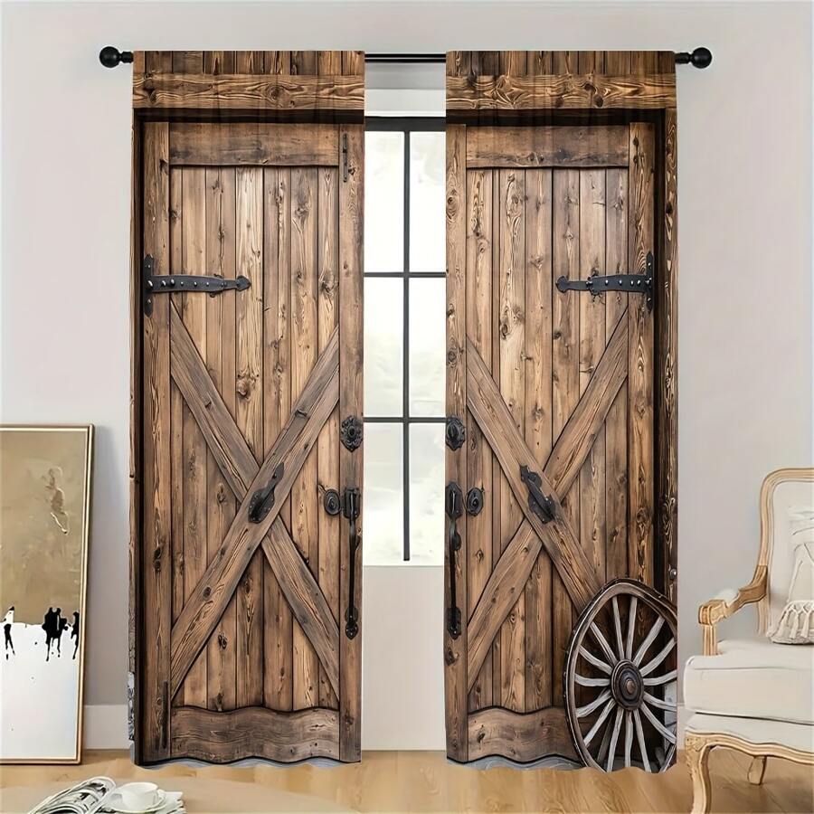 2pcs, Simulated Barn Wooden Door Pattern Window Curtain Rod Pocket, For Living Room, Kitchen, Bedroom, Hotel, Bathroom, Classroom, Dining Room, Home Decor, 3D Printed Cheap Window Shades, Curtains