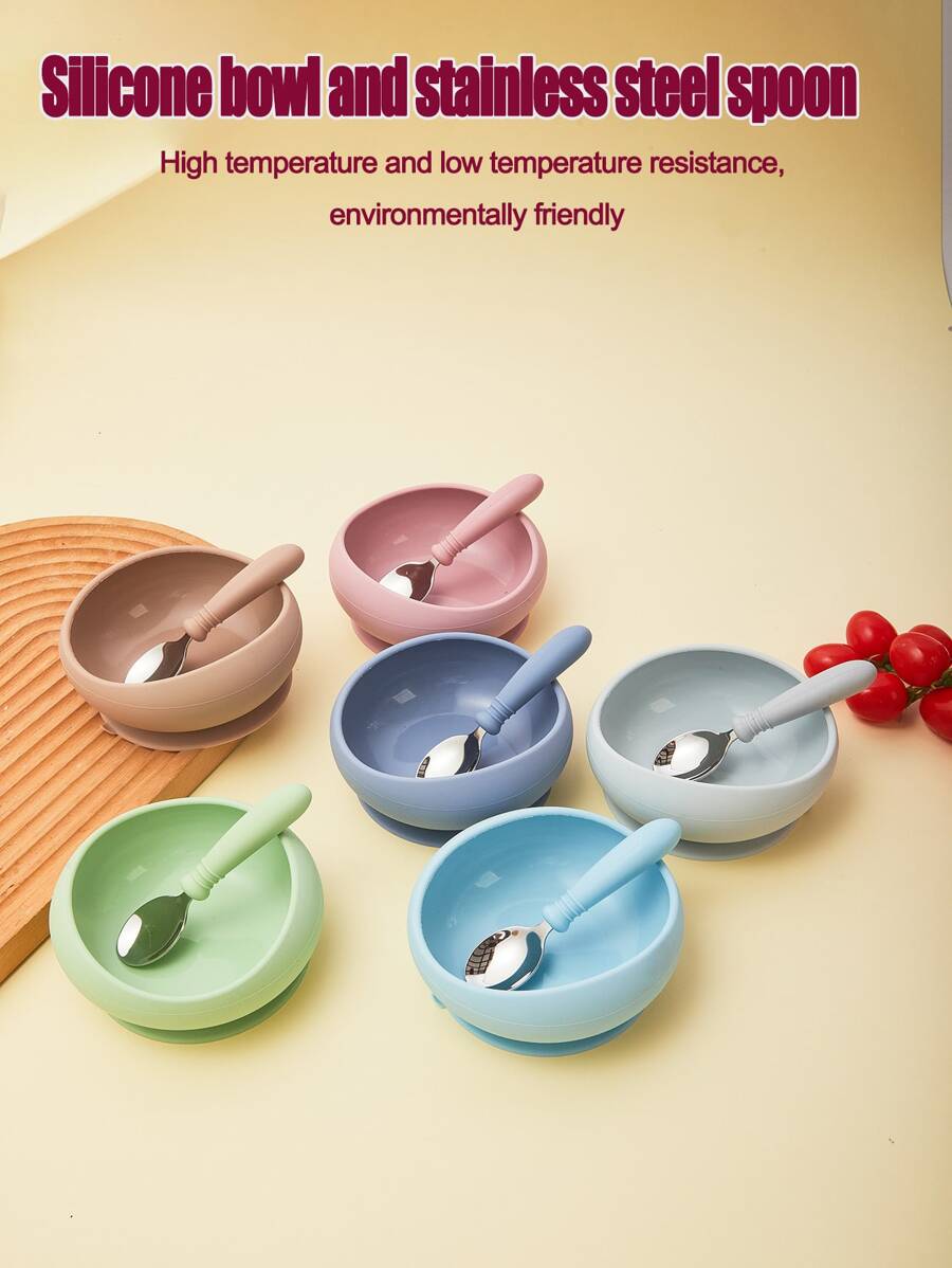 2pcs/Set Baby Stainless Steel Suction Bowl With Silicone Spoon, Anti-Fall Anti-Scald Infant Feeding Bowl, Toddler Tableware