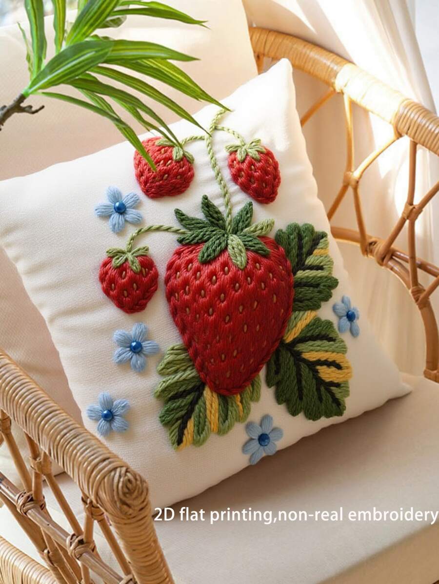 1 pieza Funda de cojín cuadrada suave y cómoda con estampado 2D plano de fresa, para decoración de la sala de estar. Impresión 2D plana, sin bordado real, un solo lado sin relleno de cojín.