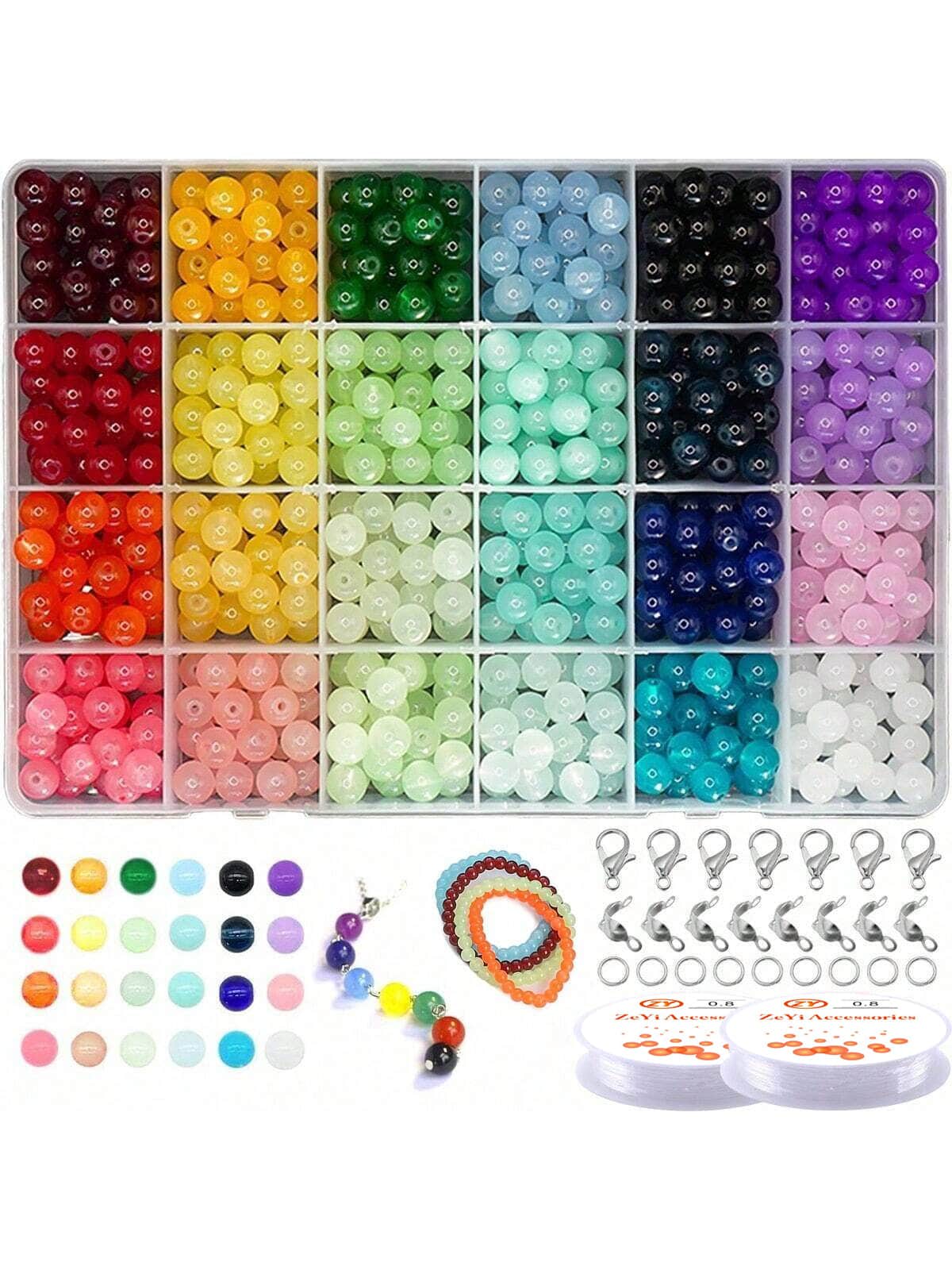 8mm Glass Beads For Jewelry Making, 24 Random Colors 8mm Crystal Beads Imitation Jade Beads Bracelet Making Kit With Jump Ring, Lobster Clasp, Elastic Thread For Bracelet Necklace Earrings Jewelry Making And DIY Crafts Gift