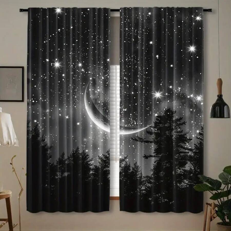 2pcs Starry Night Forest And Moon Pattern Blackout Curtains - Contemporary Peach Light Beige Velvet, 100% Polyester, Bohemian Style, Light Beige, For Living Room, Bedroom, Kitchen, Study, Dining Room (Rod Not Included), Curtains For Living Room