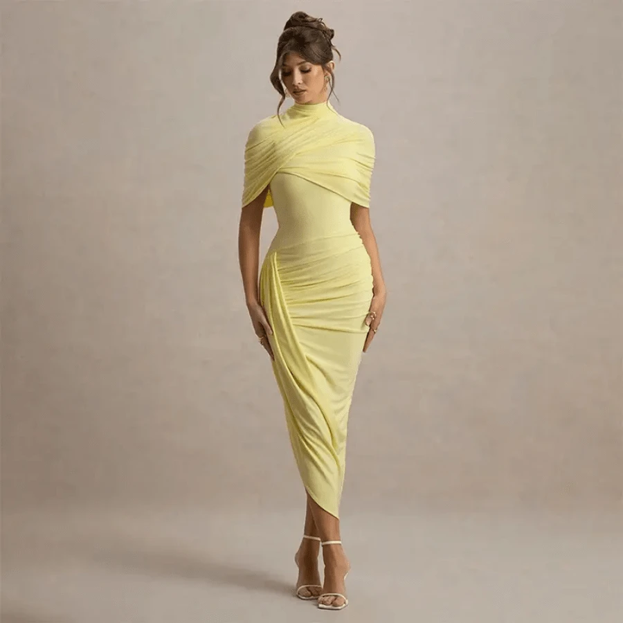 Vestido midi elegante de mujer con cuello alto, espalda descubierta y plisados, en estilo sólido, para fiestas y eventos, de verano 2025