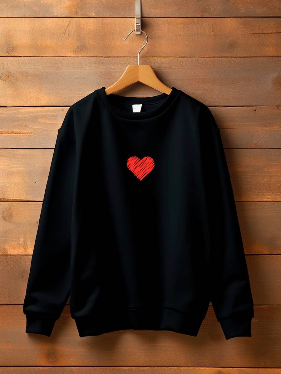 Blusa de Frio Moletom Gola Redonda Flanelado Coração Moletom Gola Careca Feminino Lançamento