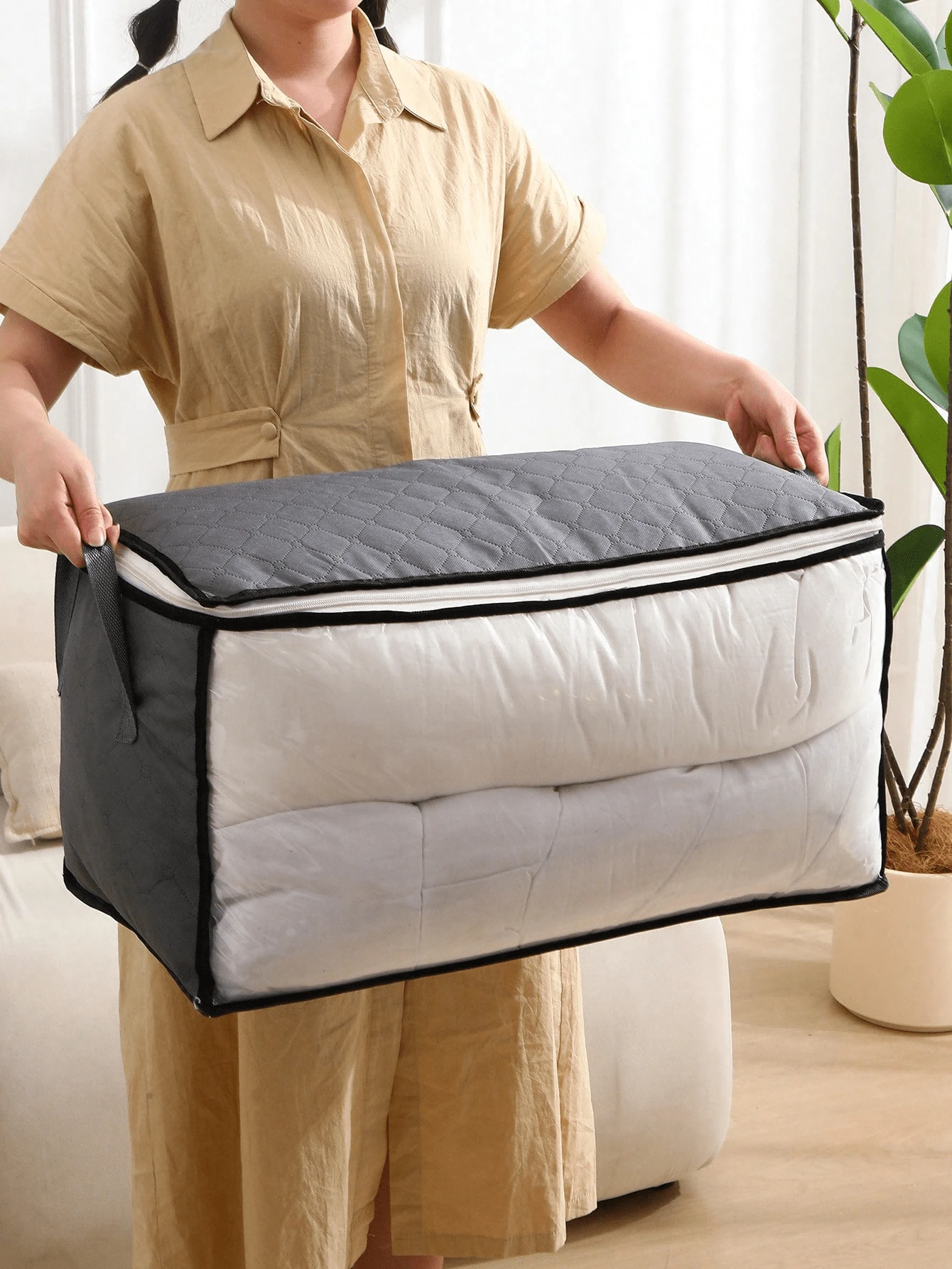 1 pieza Caja de almacenamiento de ropa plegable, bolsa de almacenamiento de gran capacidad, bolsa de almacenamiento de edredón de tela no tejida, bolsa de almacenamiento y transporte de edredón, bolsa de almacenamiento de equipaje de ropa, para almacenamiento y organización estacional