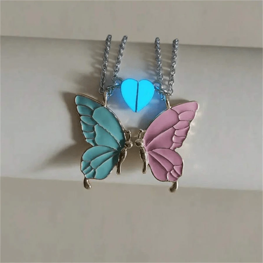 2 Stücke/Set leuchtender Schmetterling Herz Anhänger Halskette, Retro Paar/BFF/Valentinstag Geschenk