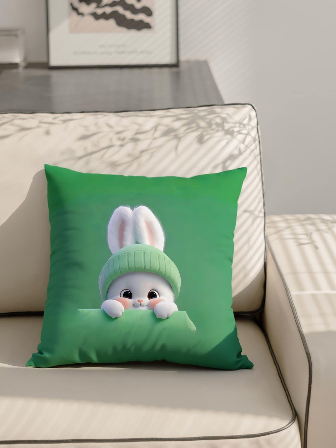 1 pieza Funda de cojín cuadrada suave con cremallera, con diseño de rabí blanco y verde, para decoración de sala de estar de sofa por un lado sin núcleo de peluche