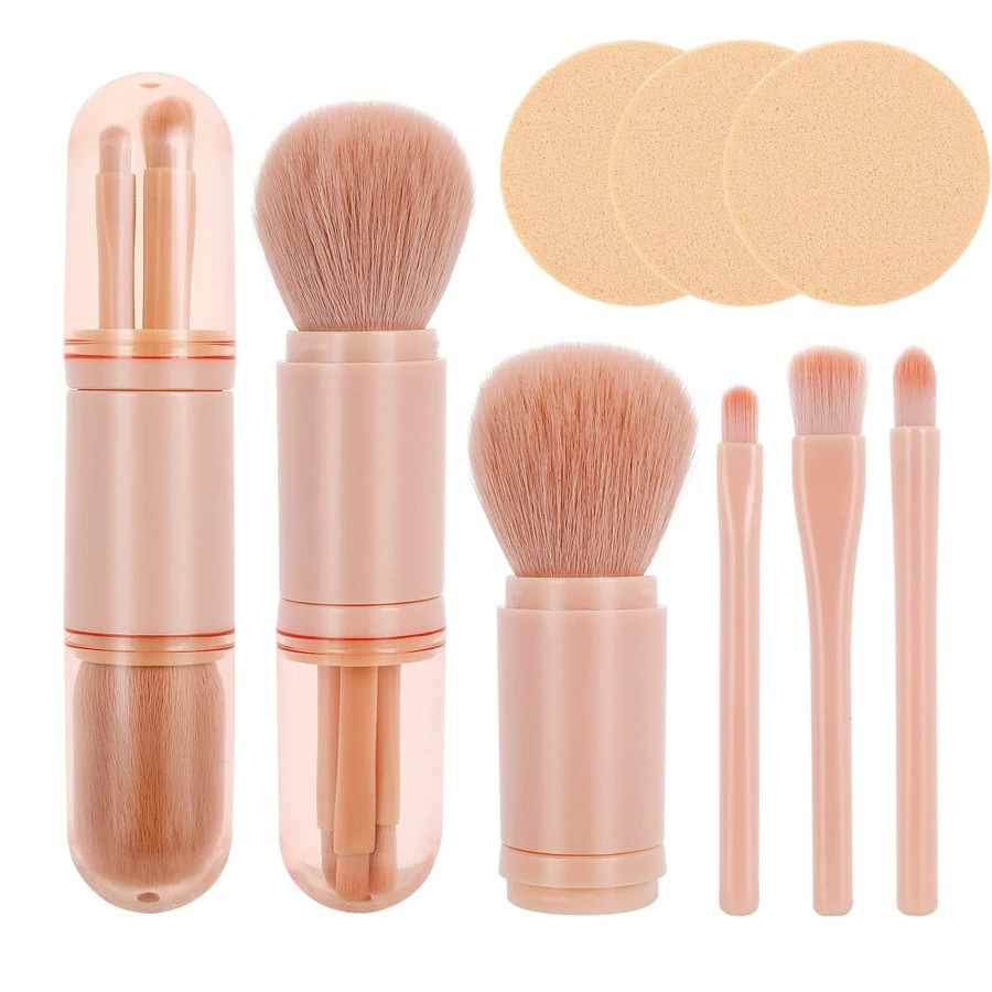 Set de brochas de maquillaje portátil retráctil 4 en 1 con brocha para labios, brocha iluminadora, brocha de sombra de ojos y brocha para mezclar base, que incluye 3 esponjas de maquillaje de diferentes tonos de piel, ideal para maquillaje en movimiento
