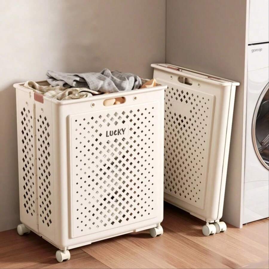 Minimalist White Foldable Laundry Basket, Large Capacity, Waterproof, Bathroom Storage Organizer. Silent Wheels, Smooth Rolling Casters. Soft Oatmeal Color