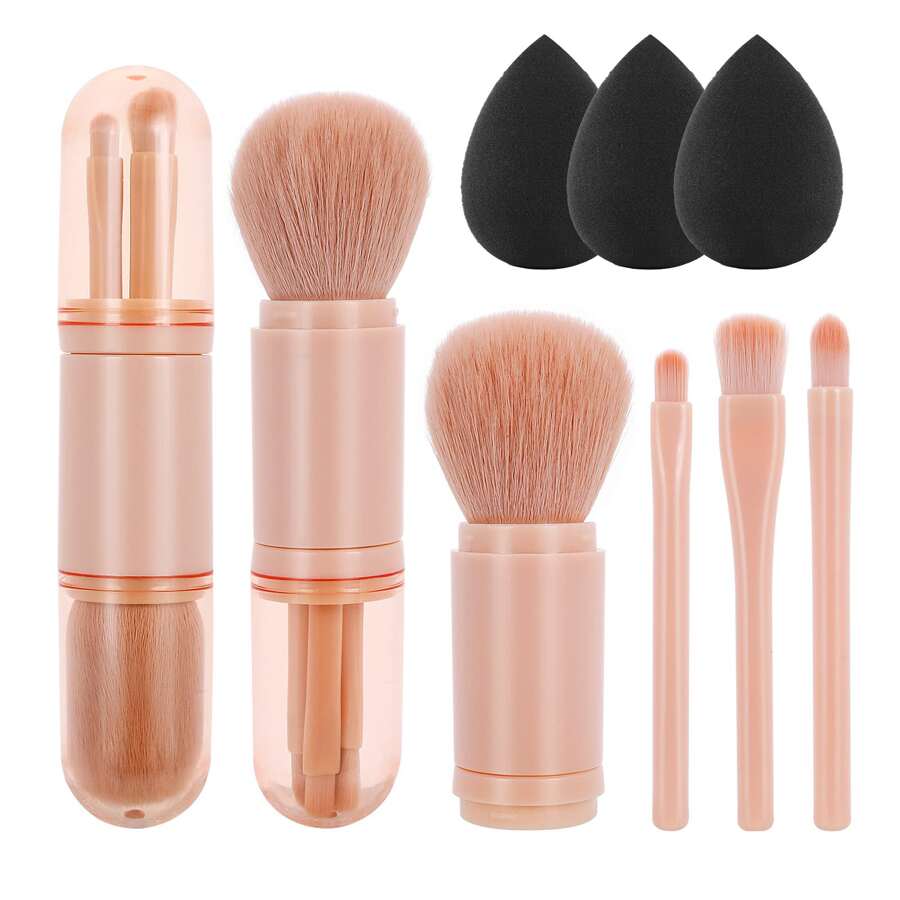 Set de brochas de maquillaje mini 4 en 1, brocas de viaje portátiles y reutilizables con brocha para labios, broca para iluminador, pincel para ojos, cepillo para base, incluye 3 esponjas de teardrop negras, excelente para maquillaje sobre la marcha