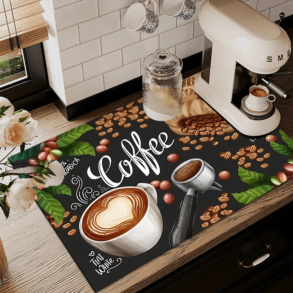1pc Coffee Cup & Dish Drying Mat, Espresso Machine Countertop Absorbent Pad, Coffee Theme Bathroom Vanity Draining Mat, Soft Faucet Absorbent Pad, Vanity Cup Mat, Kitchen & Bathroom Accessories