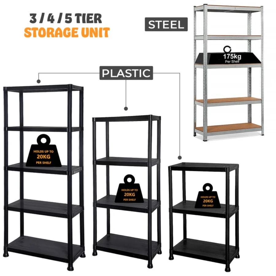 3/4/5 Tier Plastic Shelf Storage Unit Shelving Shelves Racking Warehouse Shed Rack Organiser Steel Garage Standing