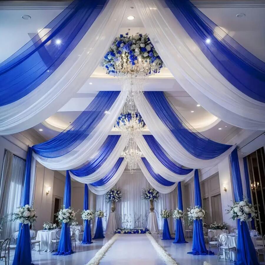 2pcs Navy Blue And White Ceiling Mesh Curtain Set, 2.46x26.24ft/5.24x26.24ft, Suitable For Table Runner Decor, Wedding Ceiling Curtain Arch Curtain, Transparent Blue Window Curtain, Wedding Arch Curtain, Party Decor Material, Suitable For Wedding, Bridal Shower, Birthday, Anniversary And Other Occasions - Multipurpose Decor For Indoor And Outdoor Events