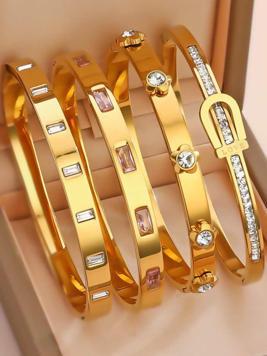 4 Stücke/1 Stück elegantes Armband aus Edelstahl mit Zirkonia, 18 Karat vergoldetes Armband, stapelbar, 5-Blüten Blumendesign, modischer Stil, geeignet für Frauen, für Lässig-Wear, Partys, Zusammenkünfte, Geburtstag, Hochzeit, Valentinstag, Muttertag Geschenk