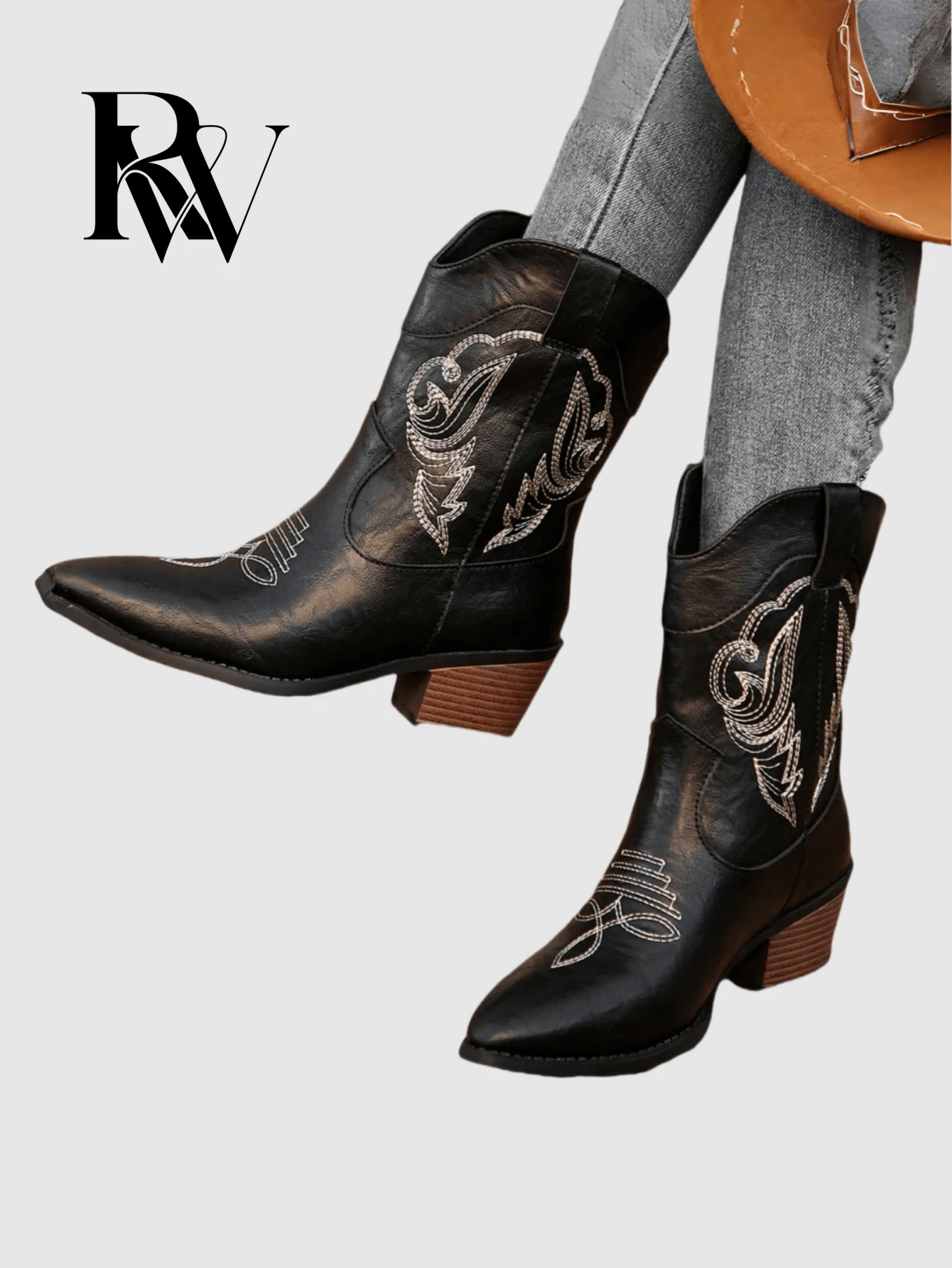 Pointed Toe Chunky Heel Embroidered Western Style Cowboy Boots, 2025 New Arrival, Retro British Style All-Match Boots, Fashion Boots For Women