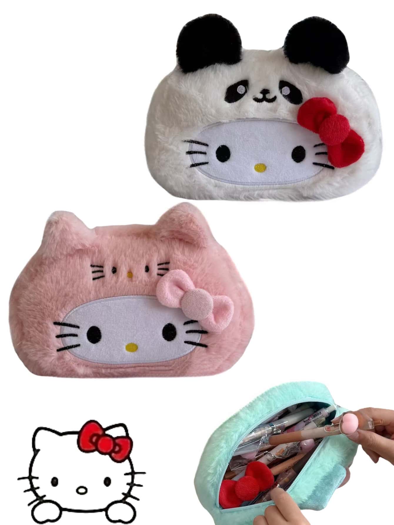 Sanrio 1 pezzo Astuccio per matite di Hello Kitty, design carino, borsa con cerniera in poliestere morbido per scuola e ufficio, organizer per cancelleria, borsa per articoli da toeletta, borsa per il trucco
