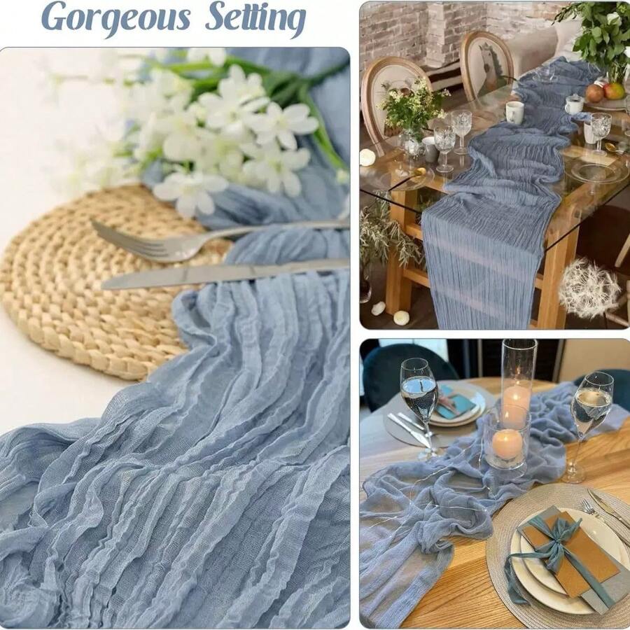 1pc 90*400cm Bohemian Misty Blue Cheesecloth Table Scarf - Delicate Translucent Gauze Table Drape Perfect For Wedding Receptions, Bridal Showers, Birthday Celebrations And Holiday Party Decor