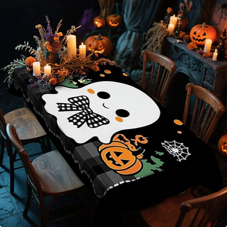 1/20 piezas Mantel de Halloween, Calabaza naranja espeluznante, Mantel con patrón de fantasma blanco, Excelente para uso en interiores/exteriores, Reuniones familiares, Cocina y comedor, Decoraciones de Halloween, Decoración del hogar