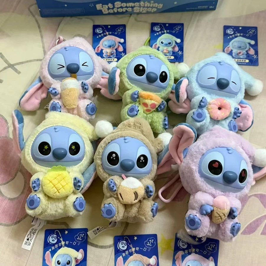 Decoración colgante de peluche de la caja ciega de Stitch, figura de Stitch "Incluso cuando estoy agotado, debo comer"