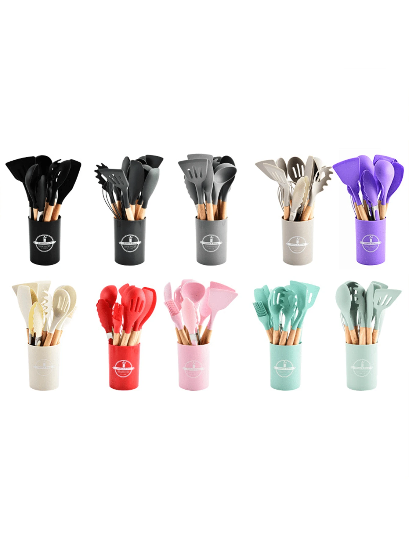 1 set de 12 pièces d'ustensiles de cuisine en silicone avec manches en bois, spatules et louches antiadhésives. Set d'ustensiles de cuisine avec support