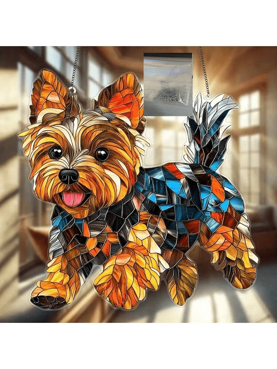 Yorkshire Terrier Acrylic Glass Hanging Decoration - 8" X 8" Hanging Suncatcher, Suitable For Windows, Cars And Home Decor - Animal Themed Birthday Gift For Dog Lovers - Durable Art Wall Decor For Garden, Porch, Bedroom, Office