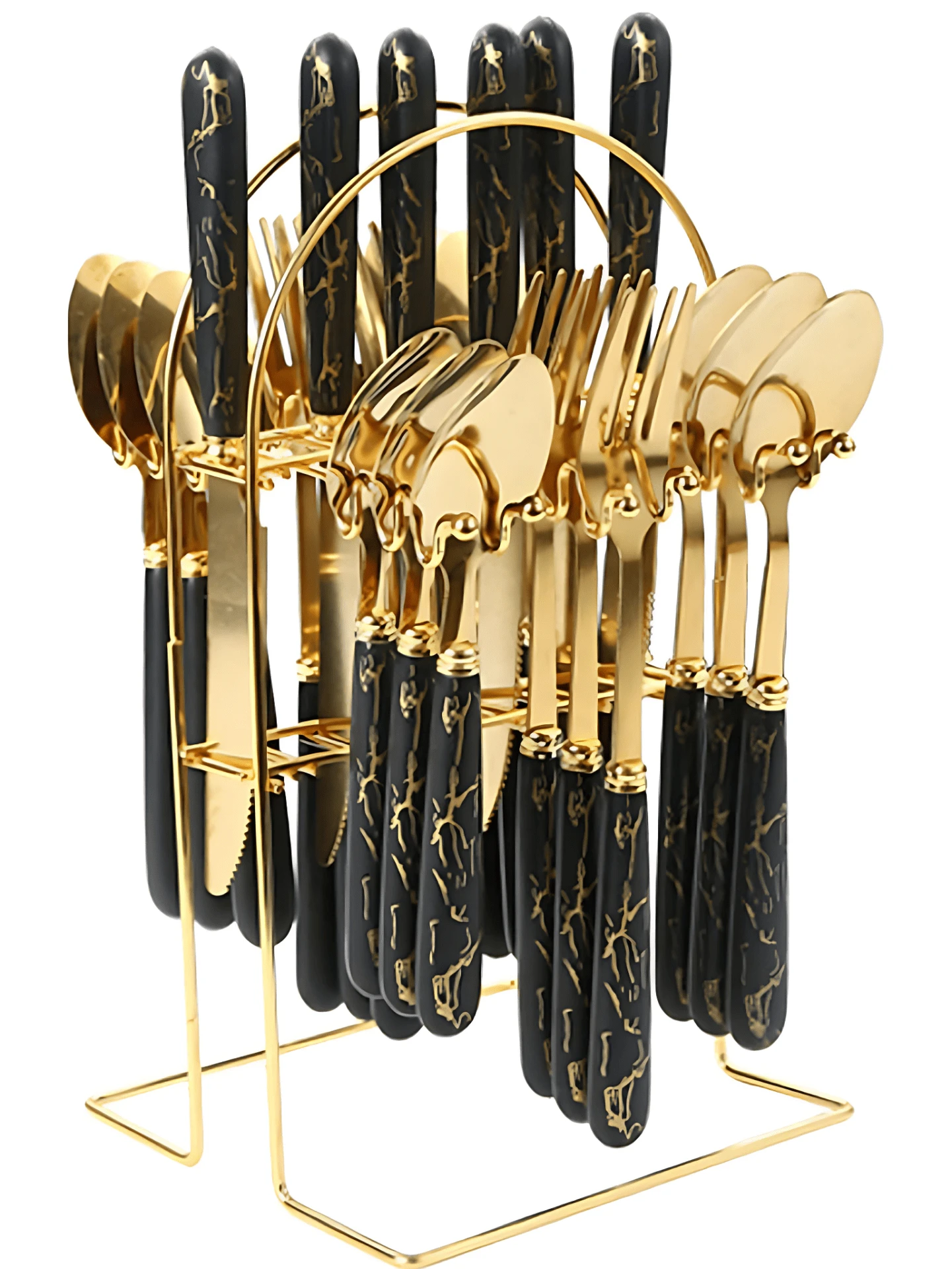 Ensemble de couverts en acier inoxydable 24 pièces avec porte-couverts, style vintage, fourchette, couteau, cuillère, poli miroir, adapté à la maison, à la cuisine, au restaurant, au dîner