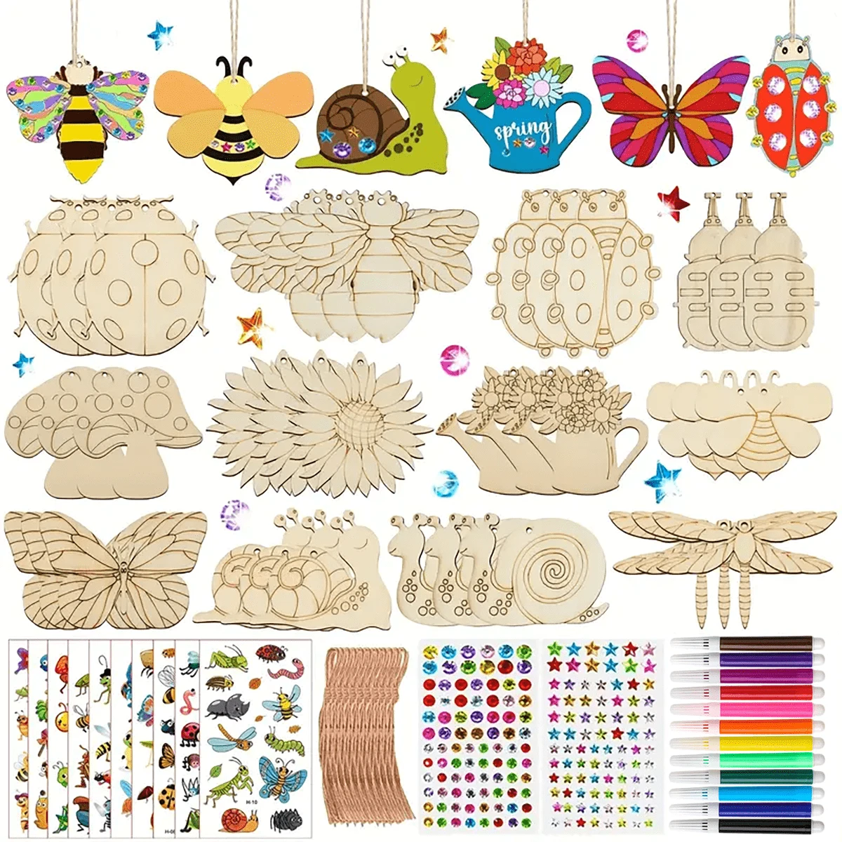 288-Piece Wooden Crafts Set, Insect And Animal Theme One Includes 36 Wood Boards, 202 Gems, 12 Watercolor Pens And 2 Stickers, DI Crafts Set For Kids, Wooden Crafts Supplies Set For All Seasons