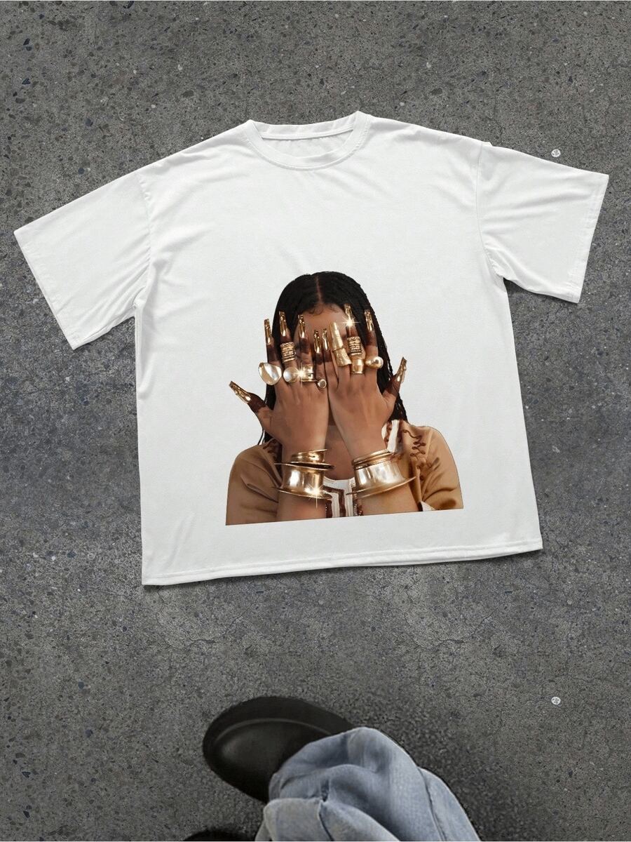 Gold Jewelry Hands Graphic Oversized White T - Shirt