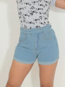 Women Denim Shorts - 淺色水洗藍 - 查看 1