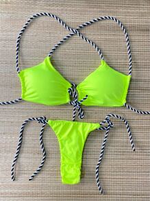 Biquini Cropped Cordas Estampado Calcinha Fio Dental Sexy - Verde Limão - Visão 1