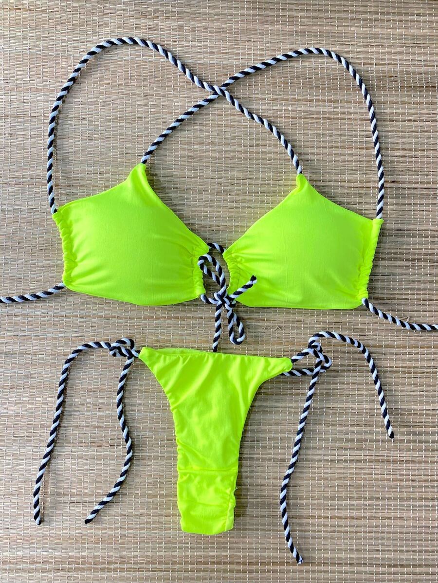 Biquini Cropped Cordas Estampado Calcinha Fio Dental Sexy - Verde Limão - Visão 1