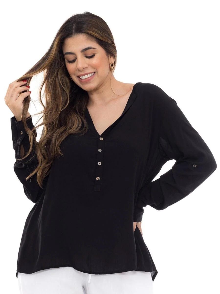 Blusa Bata Mnaga Longa Premium Social Feminina - Preto - Visão 1
