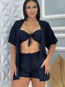 Conjunto Feminina 3 Peças (Kimono+Short+Cropped) Moda Praia - Preto - Visão 3
