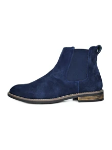 Men's Suede Leather Chelsea Boots Ankle Boots  Round Toe, Low Heel, Mid-Cut, All-Match Ankle Boots - 藏蓝色 - 查看 2