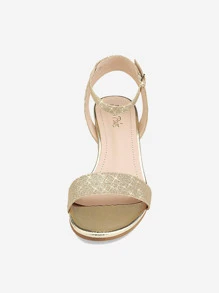 Women Glitter Chunky Low Heeled Summer Sandals, Elegant Ankle Strap Open Toe Heeled Sandals - 金色 - 查看 5