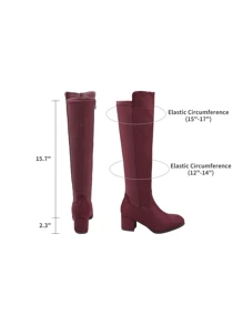 Women's Knee High Stretchy Fashion Boots Round Toe Chunky Heel Fashionable Classic Boots - 酒紅色 - 查看 5