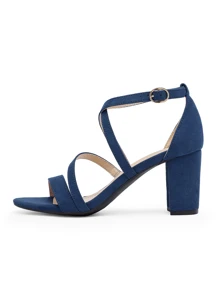 Women Elegant Ankle Strap Dress Heeled Sandals Open Toe Cross Strap Low Chunky Heel Sandals For Summer Graduation Heels Prom Heels - 藏蓝色 - 查看 6