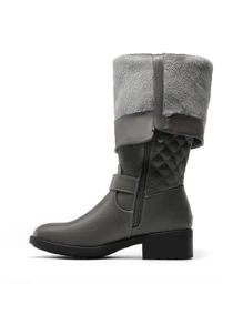 Women's Faux Furs-Lined Black Warm Winter Knee High Boots Low Stacked Heel Comfortable Outdoor Riding Round Toe Side Zipper Biker Motorcycle Buckle Boots
