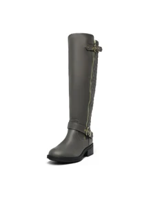 Women's Faux Furs-Lined Black Warm Winter Knee High Boots Low Stacked Heel Comfortable Outdoor Riding Round Toe Side Zipper Biker Motorcycle Buckle Boots